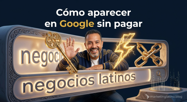 Infografía sobre cómo aparecer en Google sin pagar con pasos de SEO básico para negocios latinos