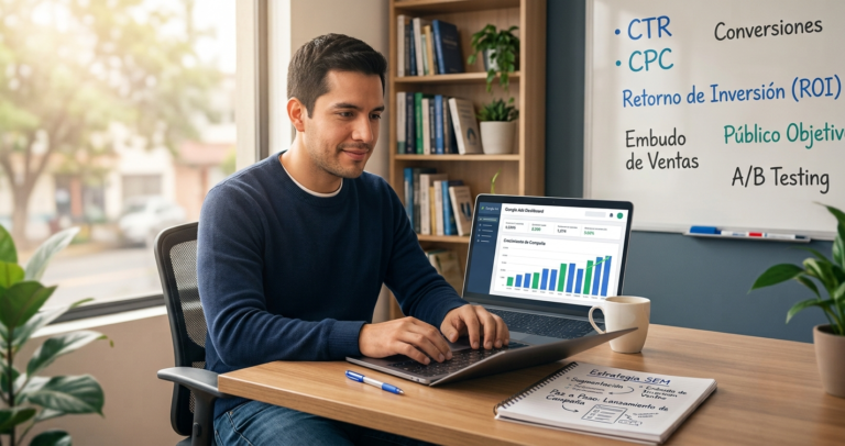 Emprendedor latino usando Google Ads en laptop con gráficas de crecimiento en pantalla