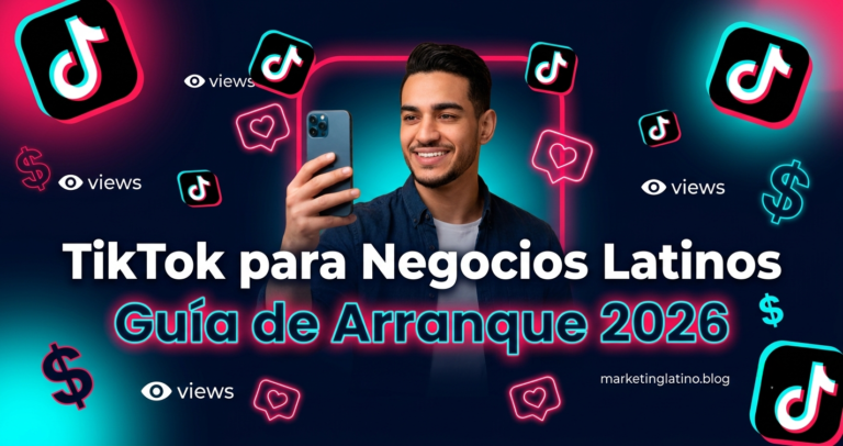 Emprendedor latino grabando un video con su teléfono para TikTok en su negocio en 2026