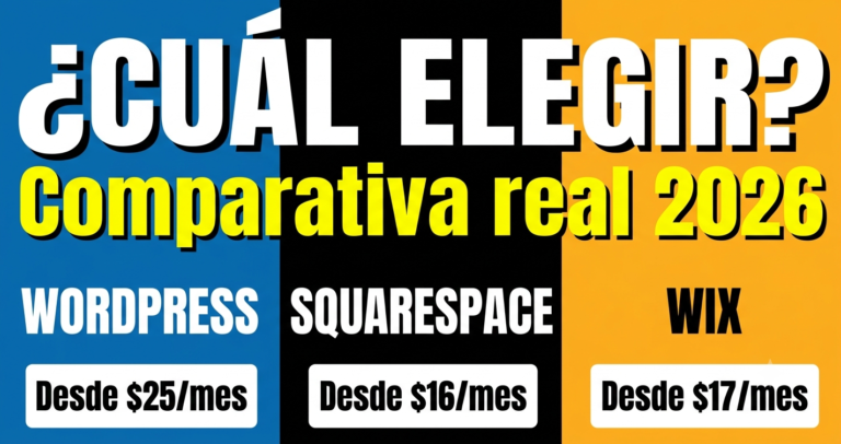 Tres laptops mostrando los editores de Wix, WordPress y Squarespace lado a lado para comparar plataformas web