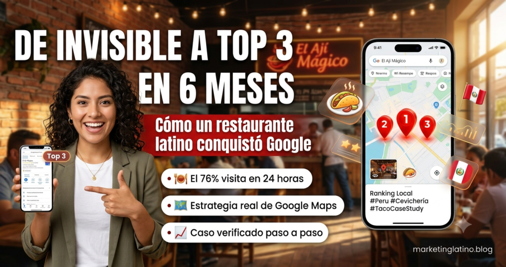 Mapa de Google Maps mostrando un restaurante de comida latina destacado entre los resultados locales