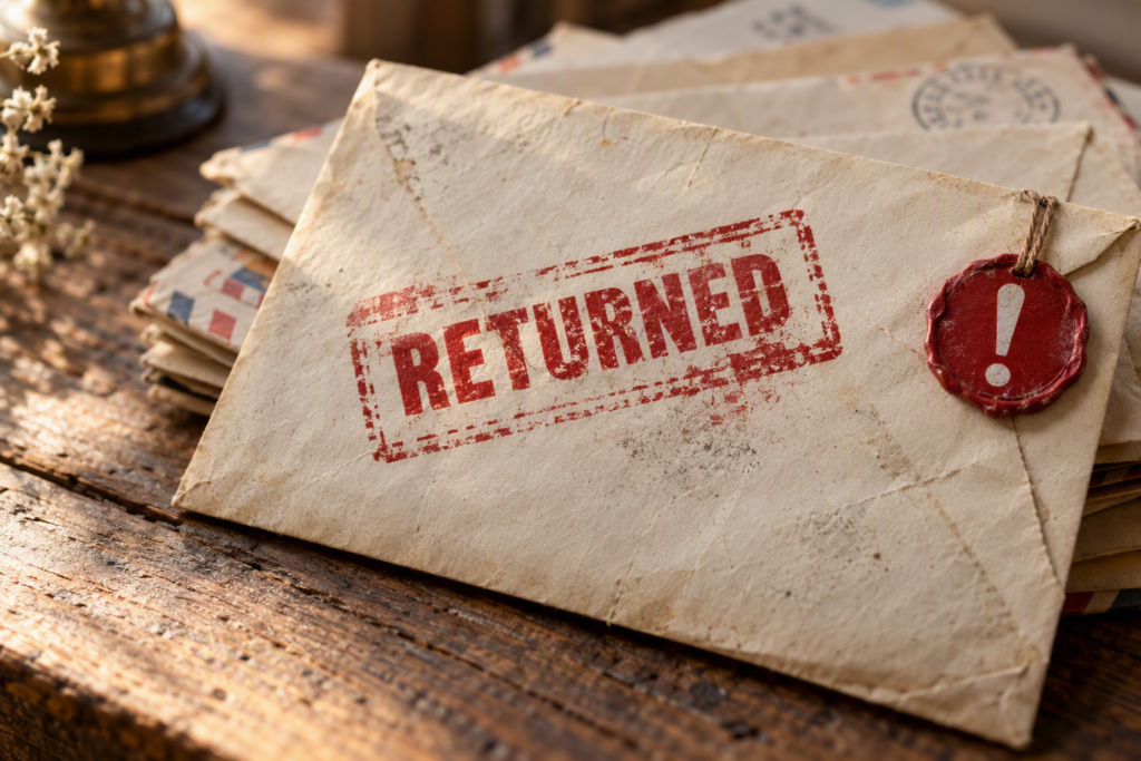 Sobres de correo vintage con sello "RETURNED" y etiqueta roja de advertencia, representando correos que caen en spam